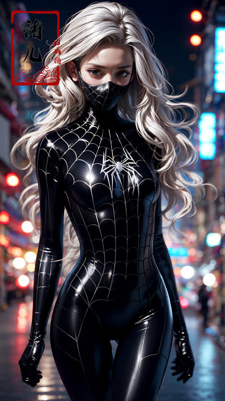 606247209521969415-2079511705-blury background,depth of field, Rainy night, water,Rainy，_black Spider Man costume,1gir, solo, mask， (shiny skin_1.5)，skin tigh.jpg